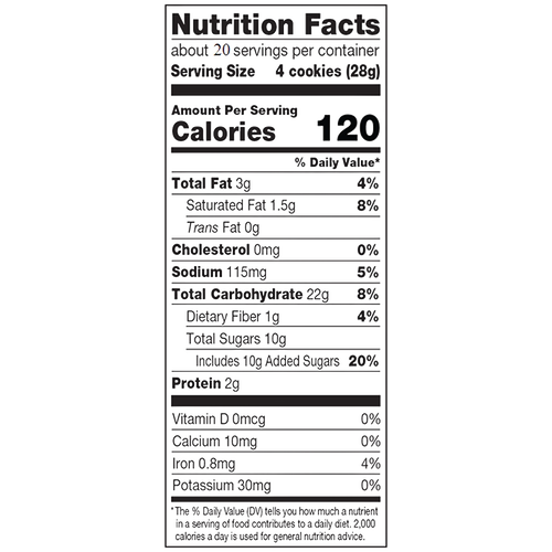 Nutrition Facts label for Lehman's crispy ginger snap cookies showing 120 calories per 28g serving with detailed amounts of fats, carbohydrates, sugars, protein, and sodium listed, in black and white text, ideal for Kitchen & Food and USA Made collections.