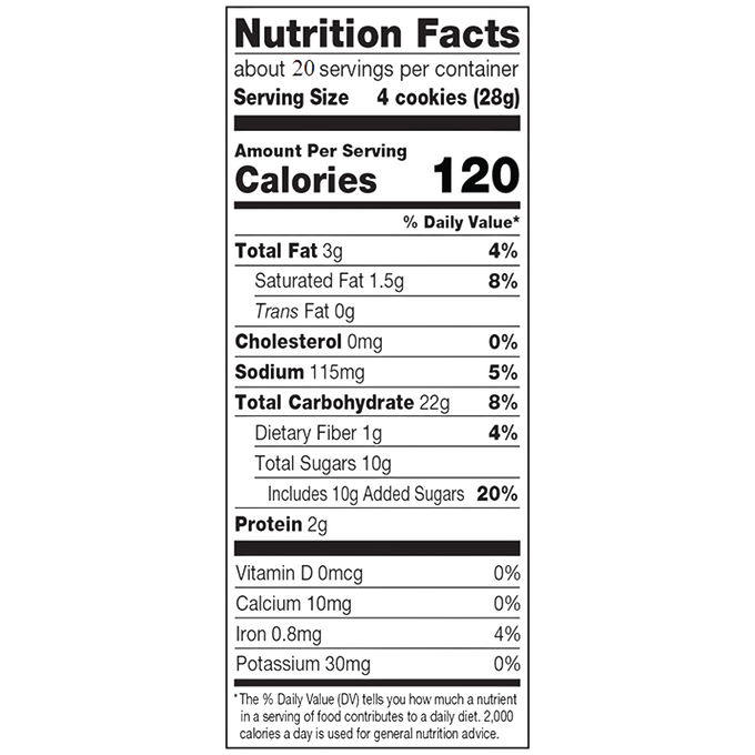 Nutrition Facts label for Lehman's crispy ginger snap cookies showing 120 calories per 28g serving with detailed amounts of fats, carbohydrates, sugars, protein, and sodium listed, in black and white text, ideal for Kitchen & Food and USA Made collections.