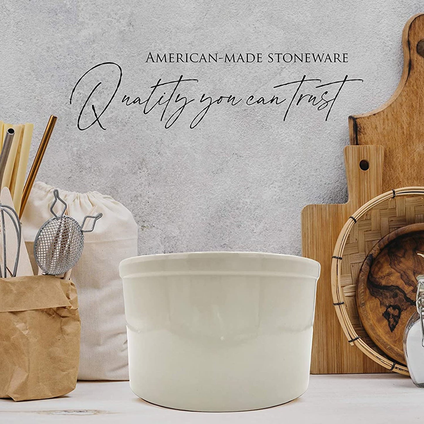 Cream-colored stoneware crock with smooth finish and sturdy walls, showcasing handcrafted quality for Kitchen & Food, Food Preservation, Fermenting and Pickling, and Best Sellers collections.