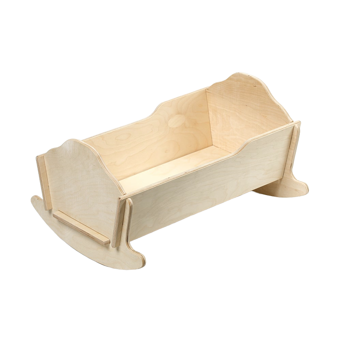 Handcrafted collapsible wooden doll cradle in natural finish, Amish made in USA, ideal for indoor play and doll accessories in toys, wooden toys, and children's collections.