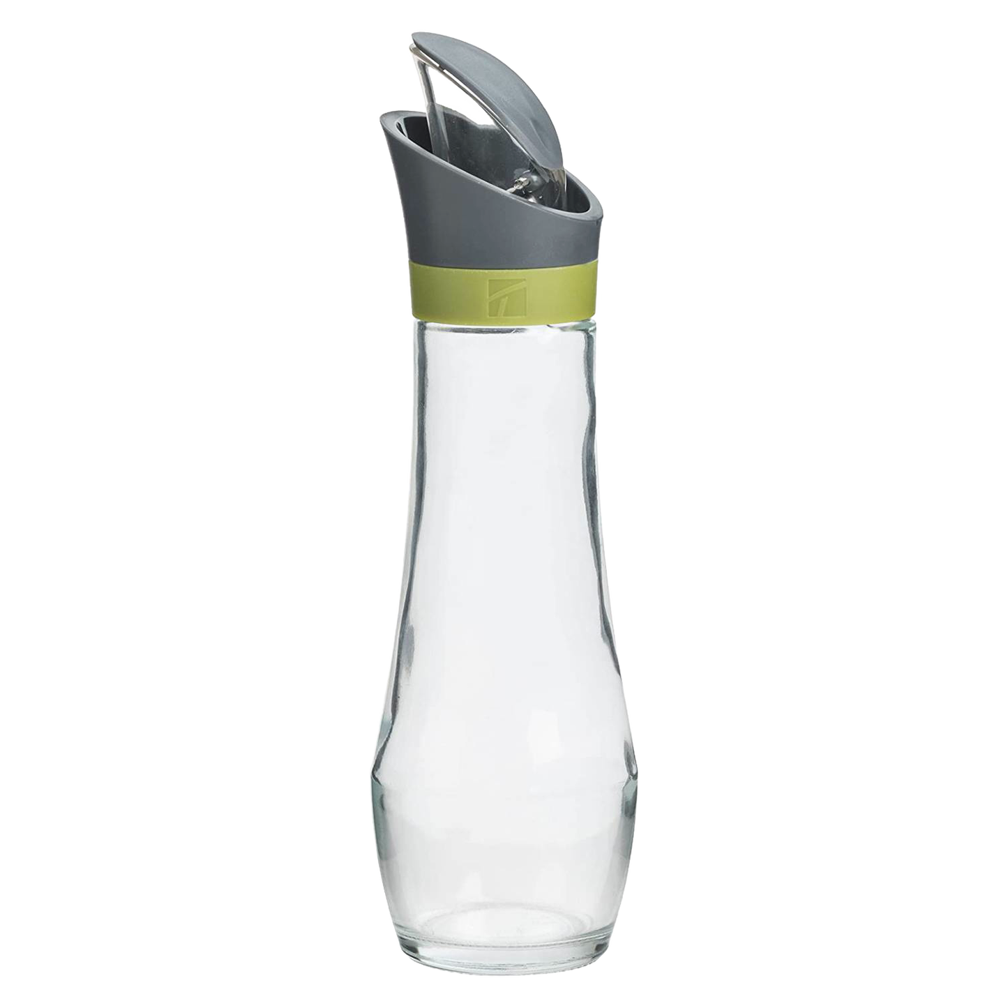 Clear glass oil bottle with a gray automatic flip-top pour spout and green band, designed for mess-free use in Kitchen & Food, Cookware, and Baking Supplies collections.