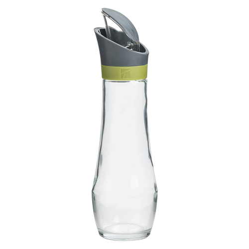 Clear glass oil bottle with a gray automatic flip-top pour spout and green band, designed for mess-free use in Kitchen & Food, Cookware, and Baking Supplies collections.