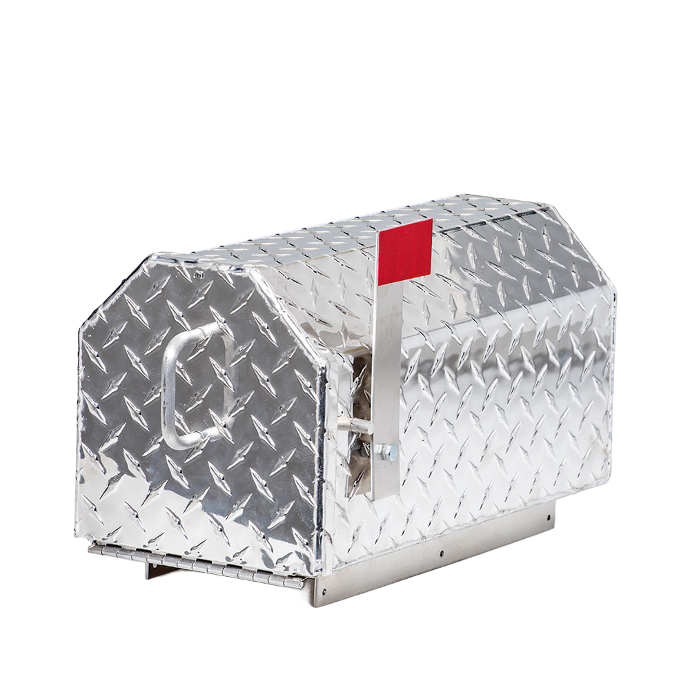 Durable Amish-made heavy-duty diamond plate aluminum mailbox with a magnetic door closure and red flag, ideal for Home & Decor, Farm, Garden & Tool, and USA Made collections.