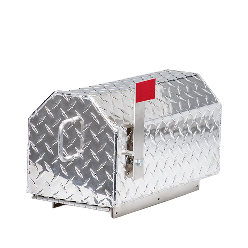Durable Amish-made heavy-duty diamond plate aluminum mailbox with a magnetic door closure and red flag, ideal for Home & Decor, Farm, Garden & Tool, and USA Made collections.