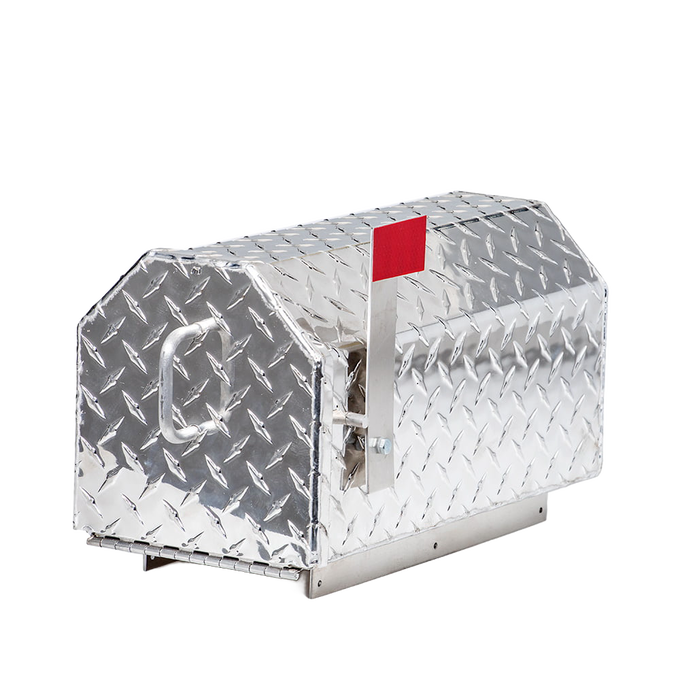 Durable Amish-made heavy-duty diamond plate aluminum mailbox with a magnetic door closure and red flag, ideal for Home & Decor, Farm, Garden & Tool, and USA Made collections.