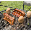 Nickel-plated rack holding ribs vertically alongside whole potatoes on skewers, designed for space-saving grilling or oven cooking, featured in Farm, Garden & Tool, Kitchen & Food, and Grilling collections.