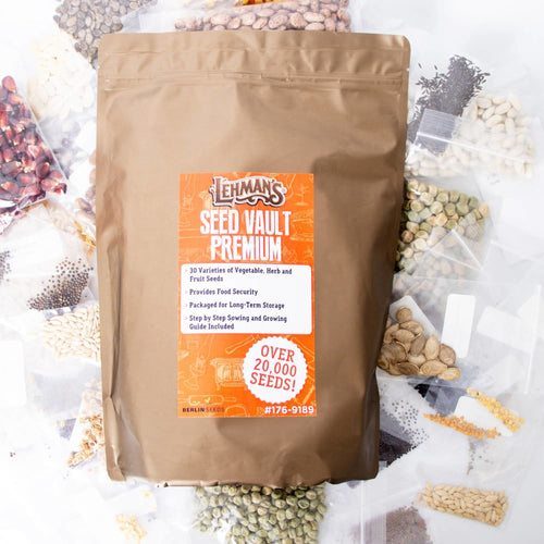 Brown resealable bag of handcrafted seed vault containing over 20,000 heirloom seeds with assorted vegetable, herb, and fruit seed packets, ideal for Farm, Garden & Tool and USA Made collections.