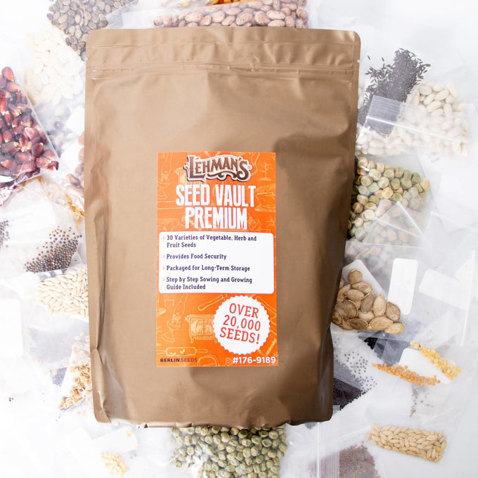 Brown resealable bag of handcrafted seed vault containing over 20,000 heirloom seeds with assorted vegetable, herb, and fruit seed packets, ideal for Farm, Garden & Tool and USA Made collections.