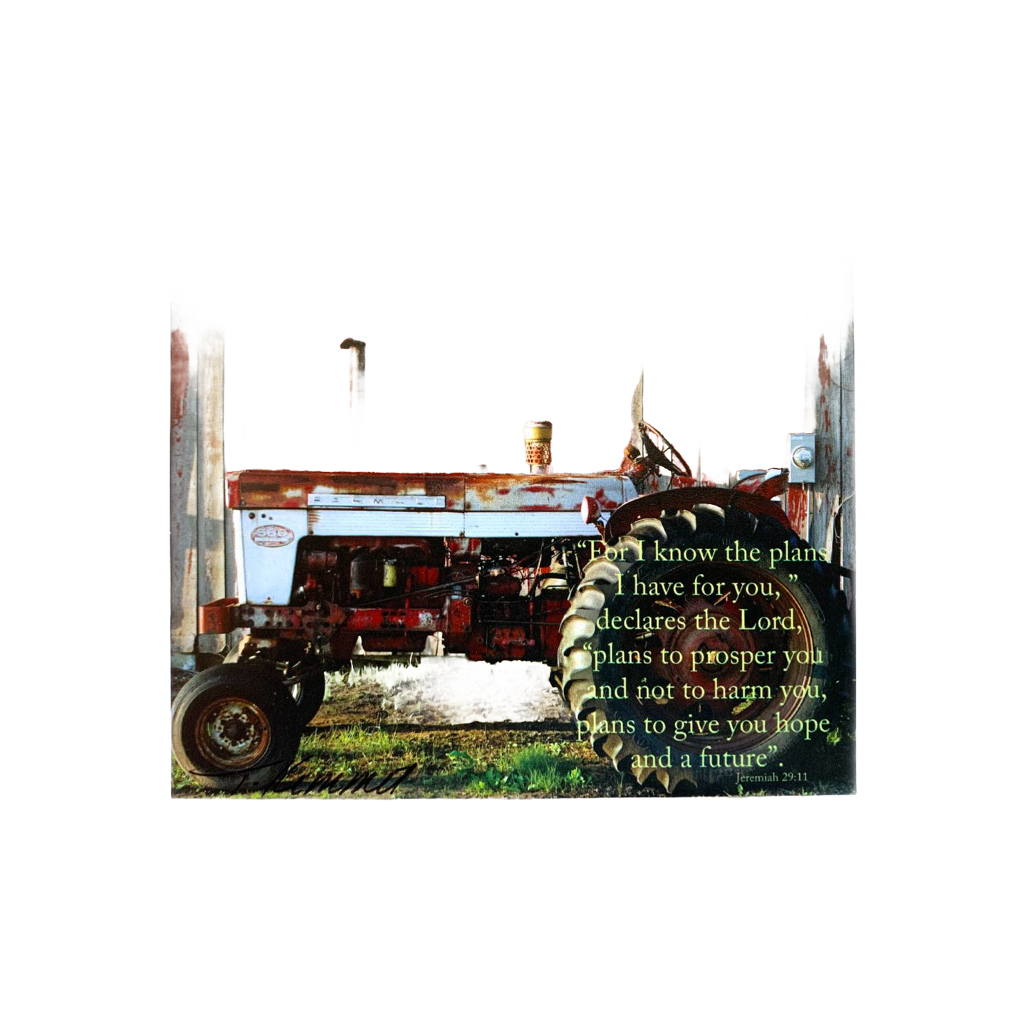 Handcrafted scenic magnet featuring an old red tractor in a field with an encouraging Bible verse from Jeremiah 29:11, ideal for Home & Decor, Best Sellers, and Promo Eligible collections.