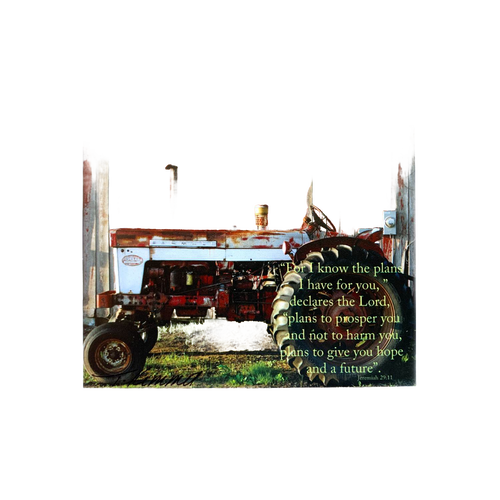 Handcrafted scenic magnet featuring an old red tractor in a field with an encouraging Bible verse from Jeremiah 29:11, ideal for Home & Decor, Best Sellers, and Promo Eligible collections.