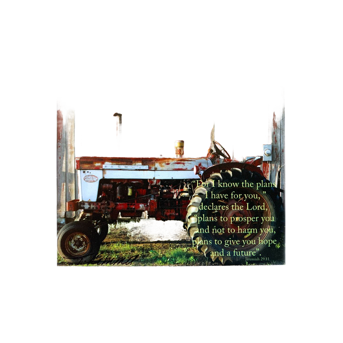 Handcrafted scenic magnet featuring an old red tractor in a field with an encouraging Bible verse from Jeremiah 29:11, ideal for Home & Decor, Best Sellers, and Promo Eligible collections.