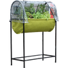 Raised fabric planter with green growing bed supported by a black metal frame, topped with a clear polyethylene greenhouse cover, ideal for small gardens and patios in Farm, Garden & Tool collections.