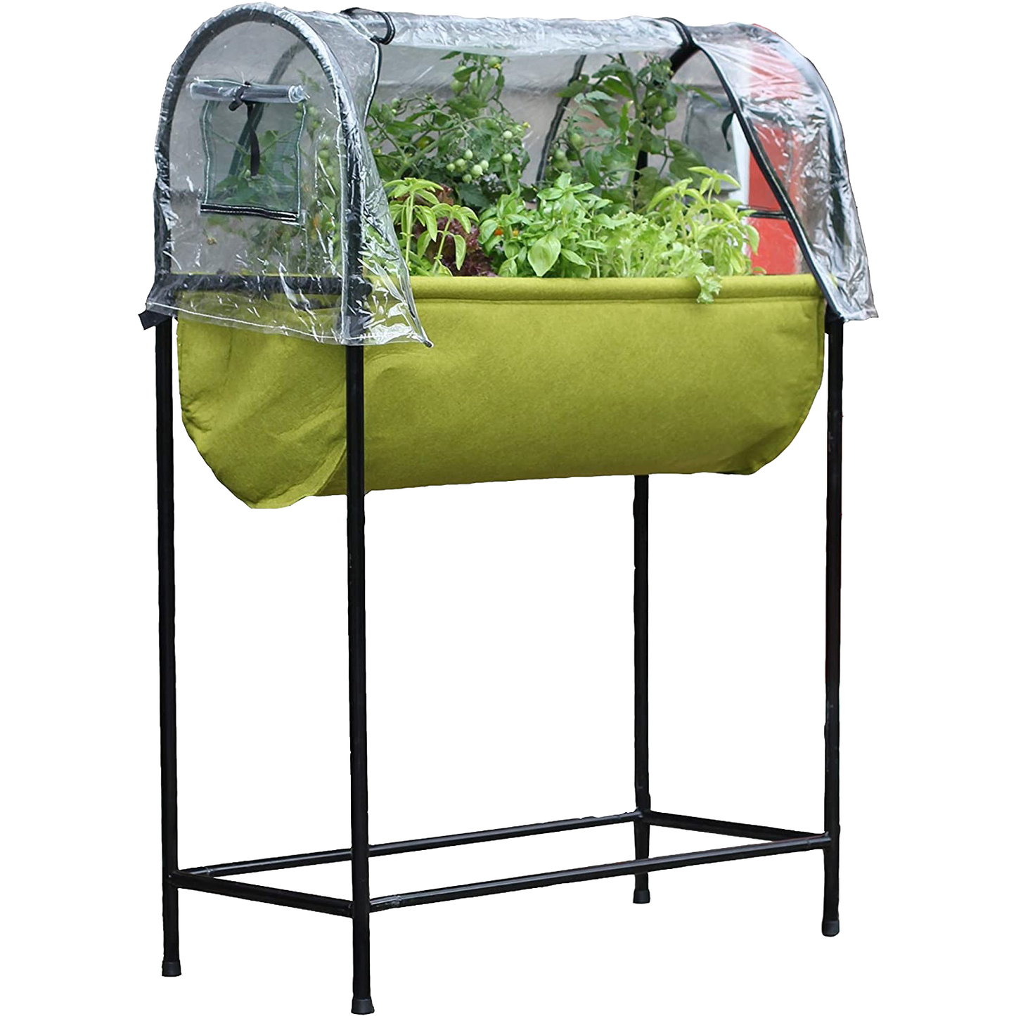Raised fabric planter with green growing bed supported by a black metal frame, topped with a clear polyethylene greenhouse cover, ideal for small gardens and patios in Farm, Garden & Tool collections.
