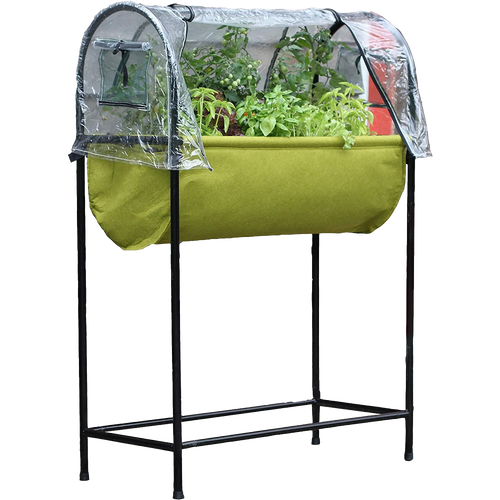 Raised fabric planter with green growing bed supported by a black metal frame, topped with a clear polyethylene greenhouse cover, ideal for small gardens and patios in Farm, Garden & Tool collections.