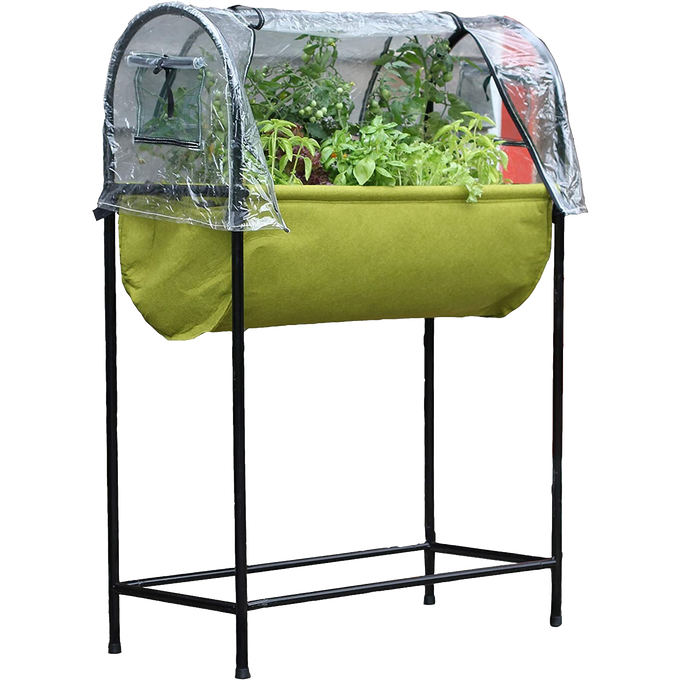 Raised fabric planter with green growing bed supported by a black metal frame, topped with a clear polyethylene greenhouse cover, ideal for small gardens and patios in Farm, Garden & Tool collections.