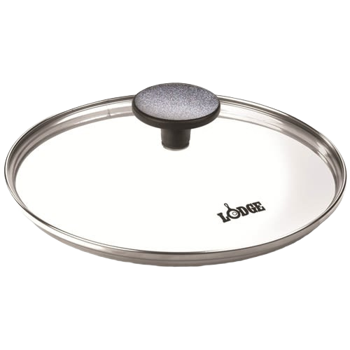 Round glass lid with stainless steel rim and textured black knob handle, compatible with cast iron cookware, featured in Kitchen & Food, Cookware, Cast Iron, Pots and Pans, Best Sellers, and Promo Eligible collections.