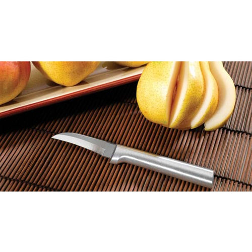 Handcrafted paring knife with a hand-sharpened high carbon surgical stainless steel blade and solid aluminum handle made in USA, resting beside sliced pear on a textured surface, featured in Kitchen & Food and Farm, Garden & Tool collections.