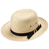 Handcrafted boys' natural straw hat with classic rounded top, 2-1/2" brim, black fabric band with buckle and black cloth sweatband, Amish made in USA, featured in Garden Accessories and Best Sellers collections.