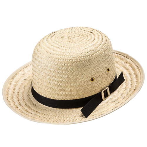 Handcrafted boys' natural straw hat with classic rounded top, 2-1/2" brim, black fabric band with buckle and black cloth sweatband, Amish made in USA, featured in Garden Accessories and Best Sellers collections.