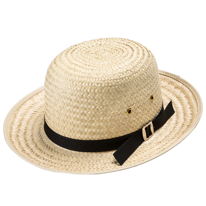 Handcrafted boys' natural straw hat with classic rounded top, 2-1/2" brim, black fabric band with buckle and black cloth sweatband, Amish made in USA, featured in Garden Accessories and Best Sellers collections.