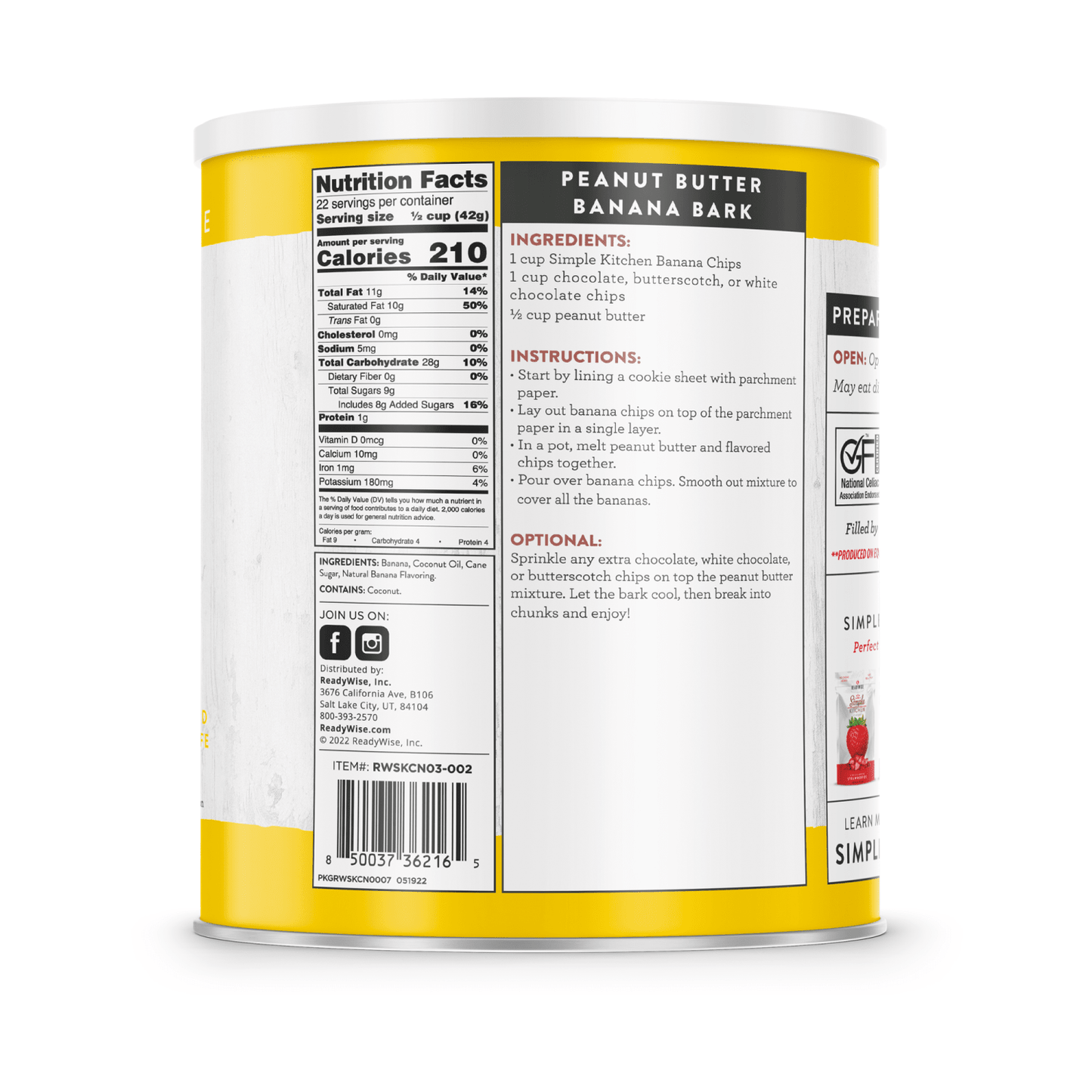 Can displaying nutrition facts and peanut butter banana bark recipe printed on a yellow and white can label, highlighting ingredients, preparation steps, and optional toppings, part of USA Made and Best Sellers collections.