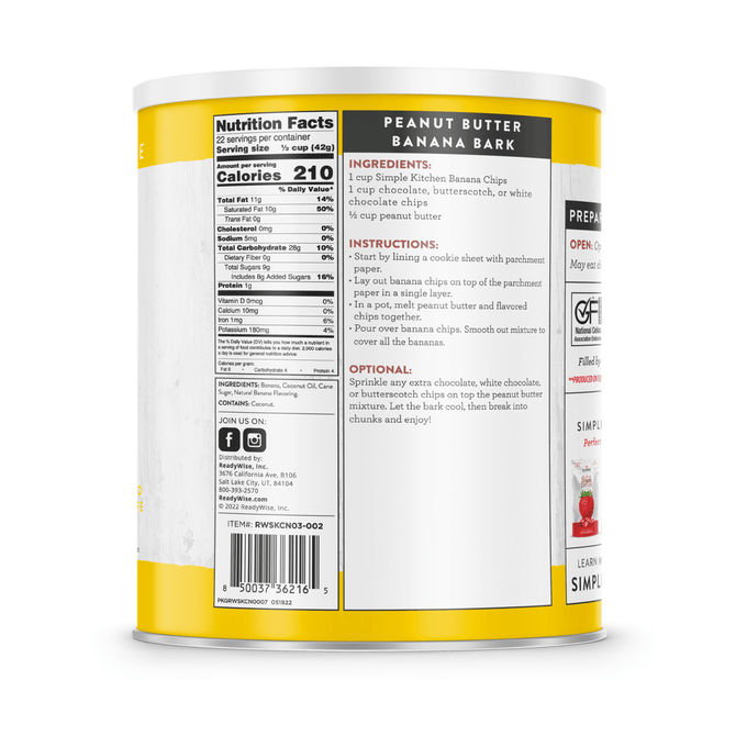Can displaying nutrition facts and peanut butter banana bark recipe printed on a yellow and white can label, highlighting ingredients, preparation steps, and optional toppings, part of USA Made and Best Sellers collections.