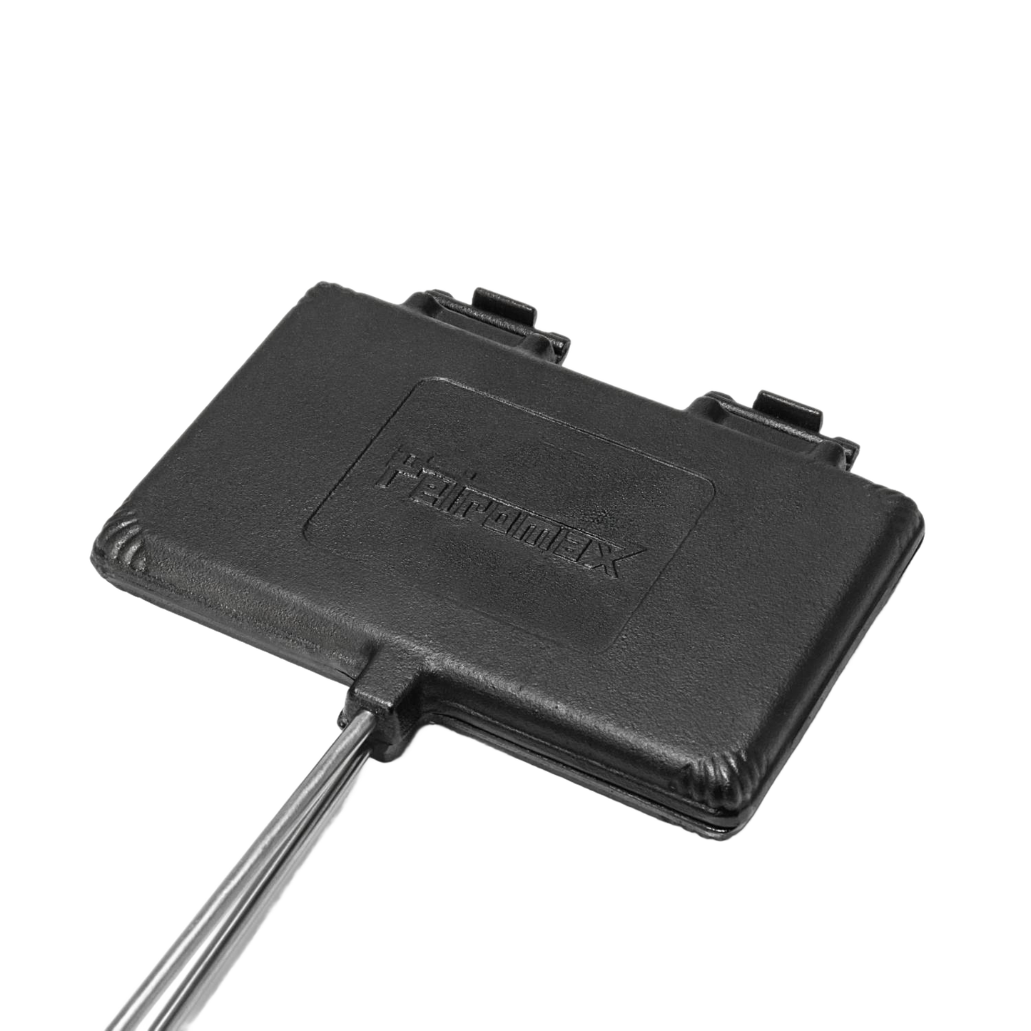 Rectangular cast iron waffle iron with a long handle, suitable for use over a grill or campfire, designed for outdoor cooking and included in Farm, Garden & Tool and Camping collections.