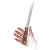 Hand holding a 9-inch precision slicing knife with a wooden handle featuring brass rivets, designed for accurate food preparation in kitchen and farm tool collections.