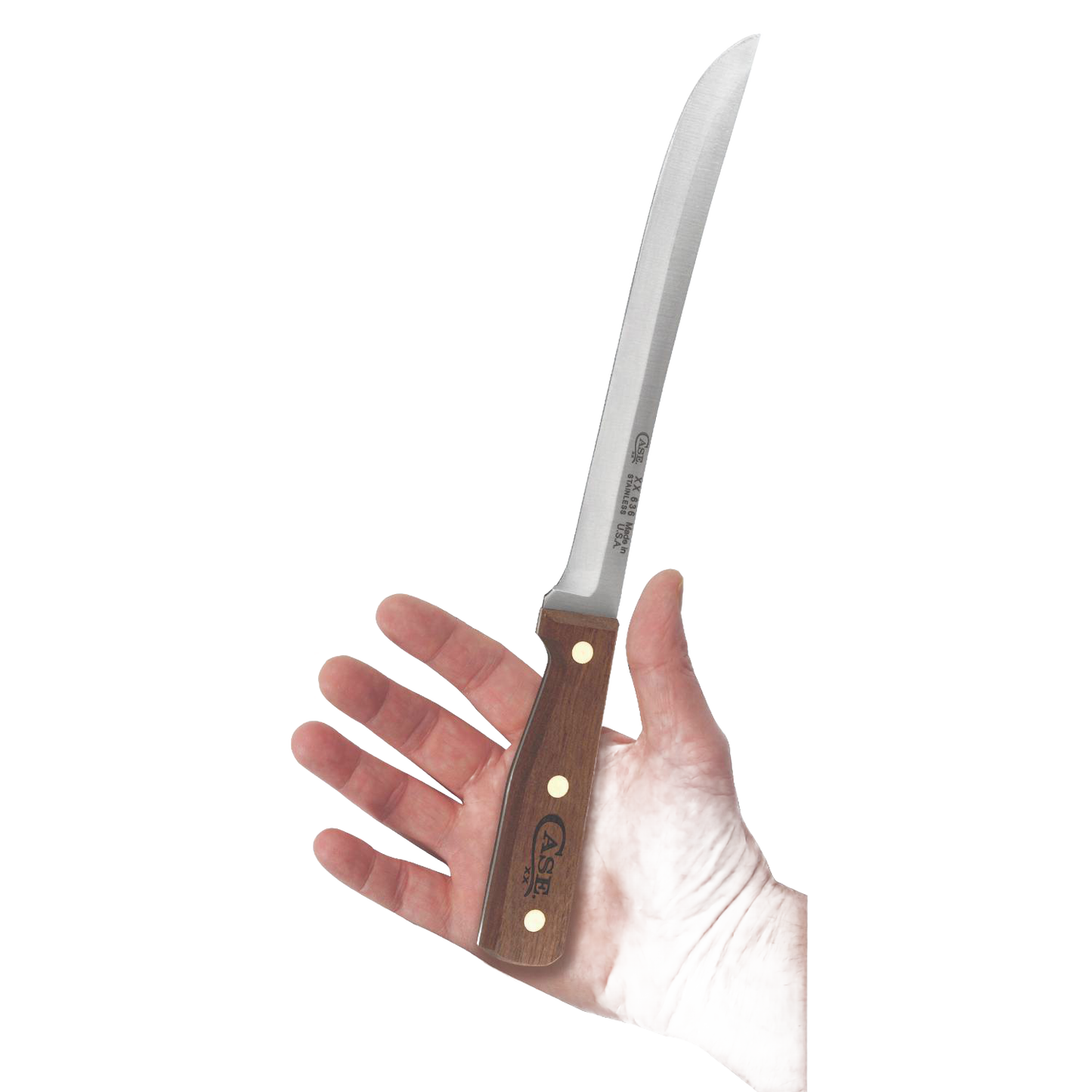 Hand holding a 9-inch precision slicing knife with a wooden handle featuring brass rivets, designed for accurate food preparation in kitchen and farm tool collections.