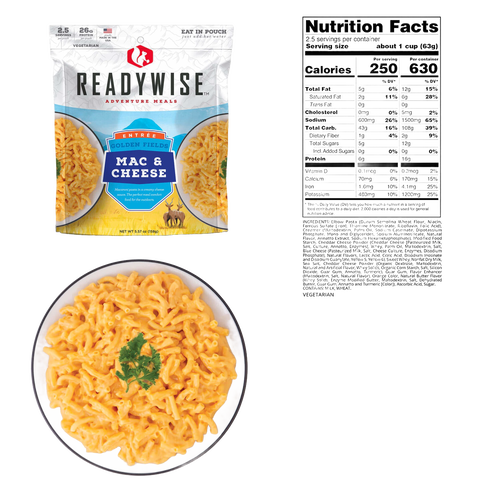 ReadyWise Mac & Cheese entree packet with nutritional information and a plated serving garnished with parsley, suitable for Camping, Emergency Supplies, USA Made, Best Sellers, and Farm, Garden & Tool collections.