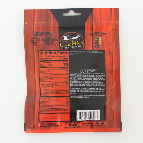 Rear view of resealable packaging for traditional beef jerky showing nutrition facts, product story, and heat level chart, highlighting a high-protein, USA made snack for Kitchen & Food and Meats collections.