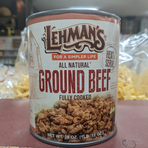 Handcrafted can of Lehman's all natural fully cooked ground beef with rustic design, ready to heat and serve, ideal for Kitchen & Food, Food, Meats, Best Sellers, and Promo Eligible collections.