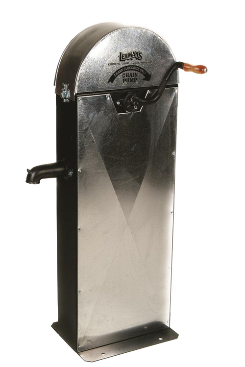 Handcrafted Cincinnati Gem chain water pump with metal body, wooden handle, and crank, designed for continuous flow, ideal for appliances, water pumps, shallow well pumps, and best sellers collections.