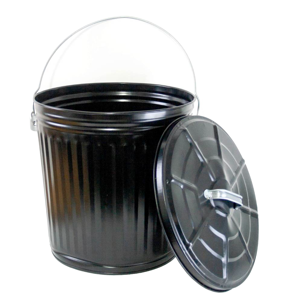 Black painted steel ash pail with a secure lid and sturdy metal bail handle, designed for stove and fireplace ash removal, featured in stoves, hearth accessories, and best sellers collections.