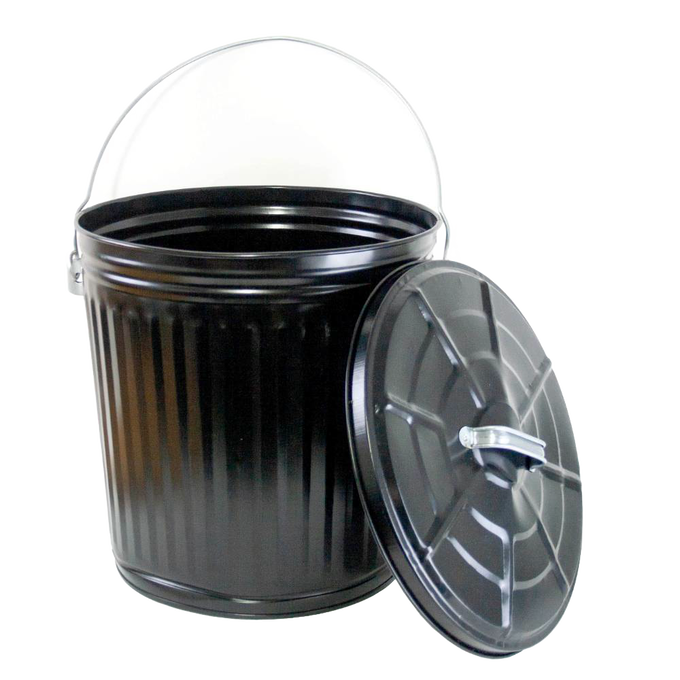 Black painted steel ash pail with a secure lid and sturdy metal bail handle, designed for stove and fireplace ash removal, featured in stoves, hearth accessories, and best sellers collections.