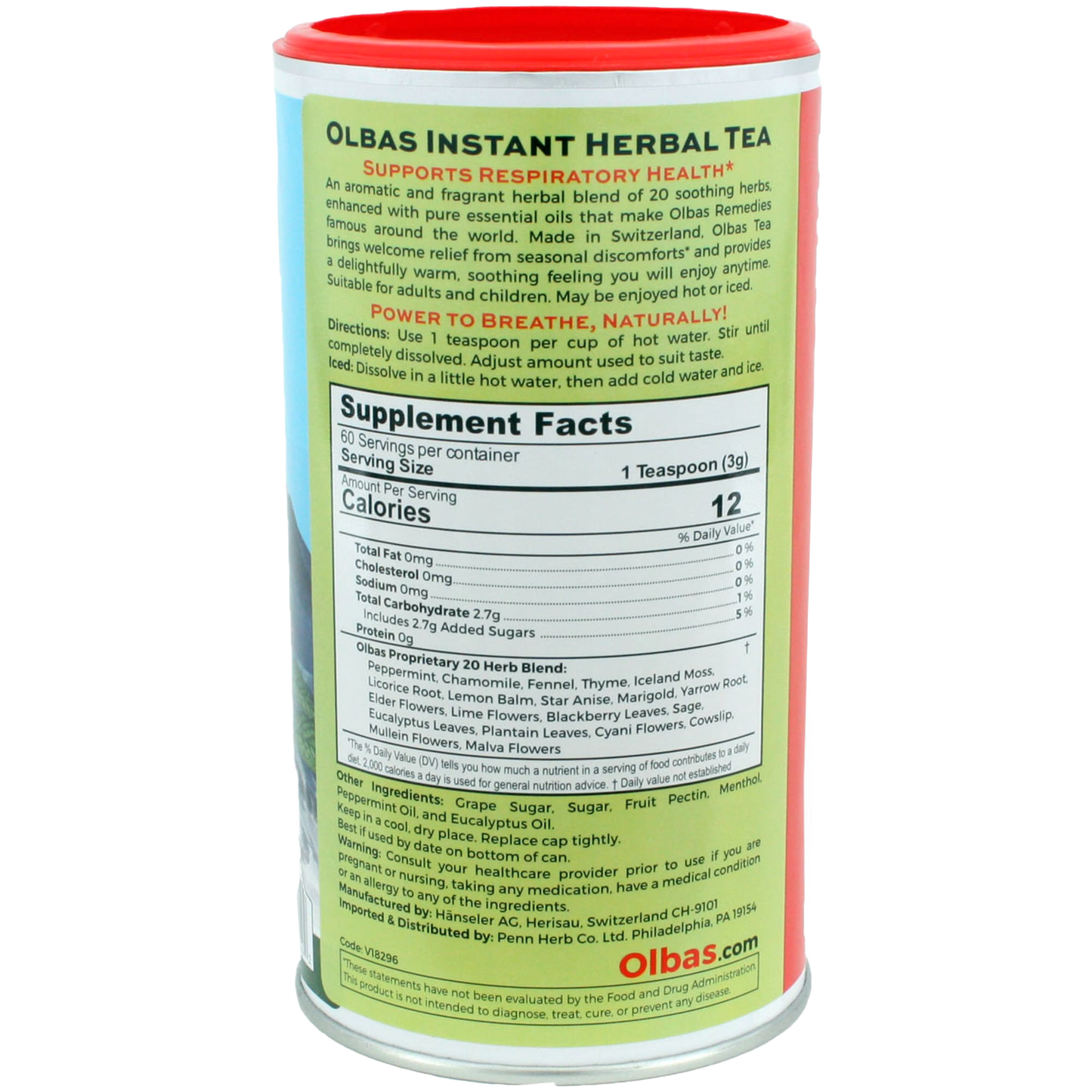 Cylindrical container of herbal tea with detailed label showing supplement facts and instructions, highlighting a blend of 20 herbs supporting respiratory health, suitable for Kitchen & Food, Brewing Coffee and Tea, Best Sellers, and Promo Eligible collections.