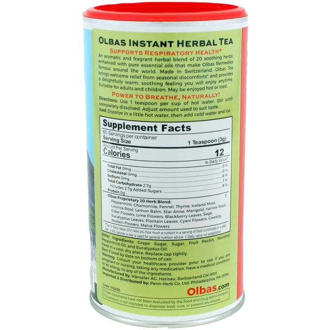 Cylindrical container of herbal tea with detailed label showing supplement facts and instructions, highlighting a blend of 20 herbs supporting respiratory health, suitable for Kitchen & Food, Brewing Coffee and Tea, Best Sellers, and Promo Eligible collections.