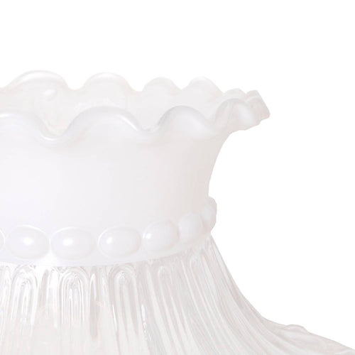 Close-up of a frosted glass oil lamp shade with a ruffled top edge and decorative rounded bead detail, crafted for durability in Lamps & Lighting and Parts and Accessories collections.