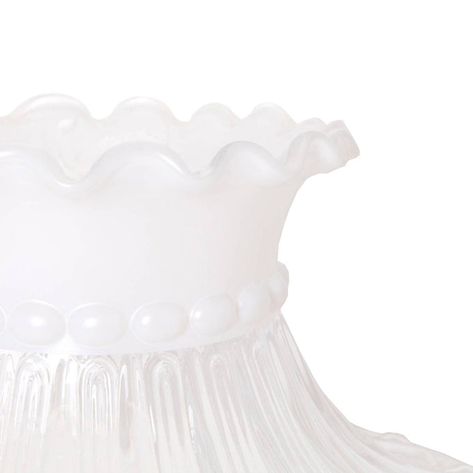 Close-up of a frosted glass oil lamp shade with a ruffled top edge and decorative rounded bead detail, crafted for durability in Lamps & Lighting and Parts and Accessories collections.