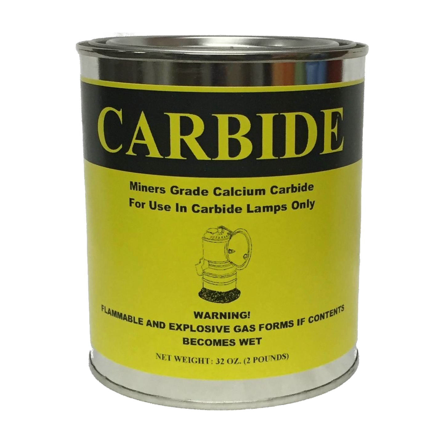 Yellow and black labeled 2-pound can of miner's grade calcium carbide for carbide lamps, featuring safety warnings; ideal for Lamps & Lighting, Parts and Accessories, and Lamp and Lantern Fuel collections.
