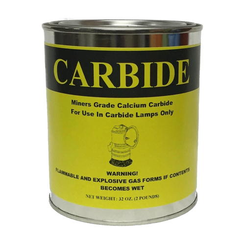 Yellow and black labeled 2-pound can of miner's grade calcium carbide for carbide lamps, featuring safety warnings; ideal for Lamps & Lighting, Parts and Accessories, and Lamp and Lantern Fuel collections.
