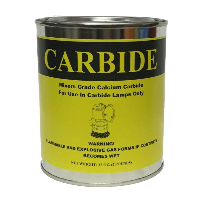 Yellow and black labeled 2-pound can of miner's grade calcium carbide for carbide lamps, featuring safety warnings; ideal for Lamps & Lighting, Parts and Accessories, and Lamp and Lantern Fuel collections.