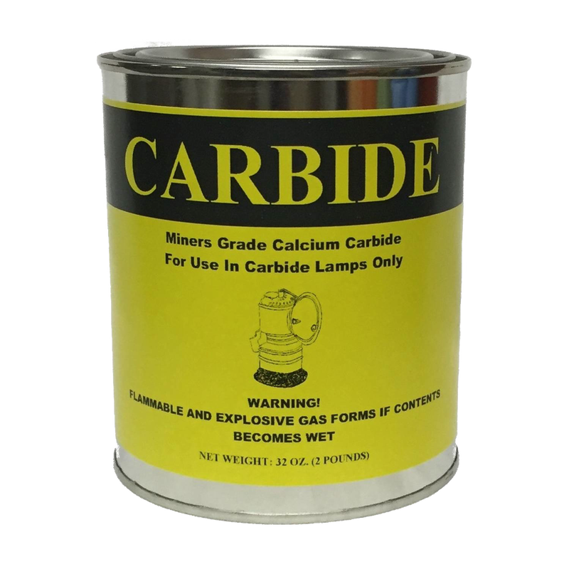 Yellow and black labeled 2-pound can of miner's grade calcium carbide for carbide lamps, featuring safety warnings; ideal for Lamps & Lighting, Parts and Accessories, and Lamp and Lantern Fuel collections.