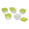 Set of durable 1-pint freezer storage containers with translucent bases and green lids, designed for safe microwave defrosting and ideal for kitchen, food preservation, and freezing needs.