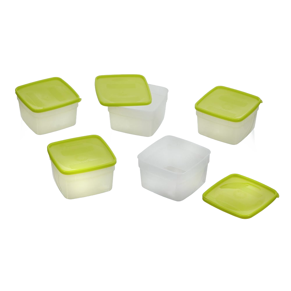Set of durable 1-pint freezer storage containers with translucent bases and green lids, designed for safe microwave defrosting and ideal for kitchen, food preservation, and freezing needs.