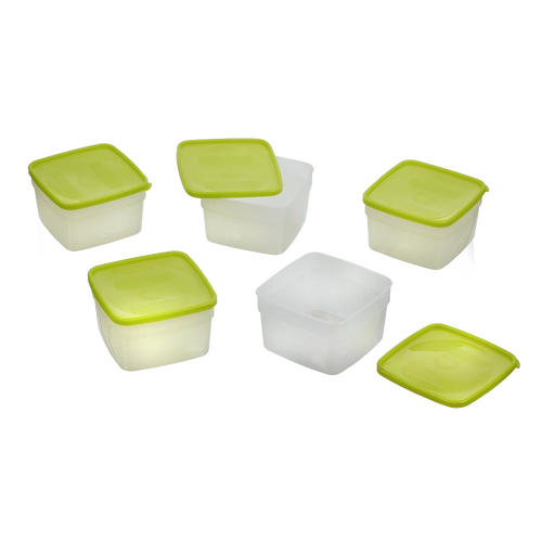 Set of durable 1-pint freezer storage containers with translucent bases and green lids, designed for safe microwave defrosting and ideal for kitchen, food preservation, and freezing needs.