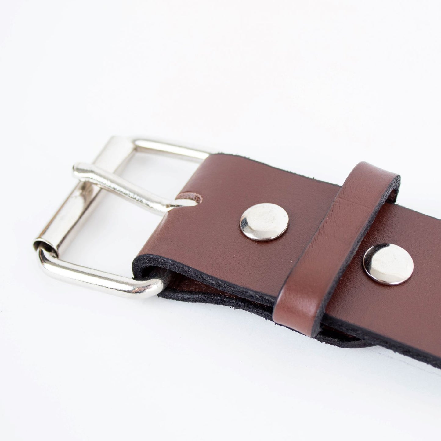 Close-up of a handcrafted Amish-made genuine cowhide leather belt in brown with a chrome buckle and snaps, featured in USA Made and Clothing and Accessories collections.