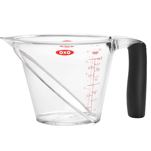 Clear angled measuring cup with red measurement markings up to 2 cups, featuring a soft black grip handle, designed for Kitchen & Food, Food Prep, Measuring, and Best Sellers collections.