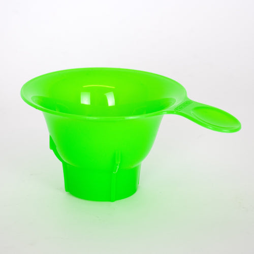 Bright green plastic canning funnel with a wide mouth and sturdy handle, designed for efficient food preservation and part of Lehman's Kitchen & Food and Canning Accessories collections.