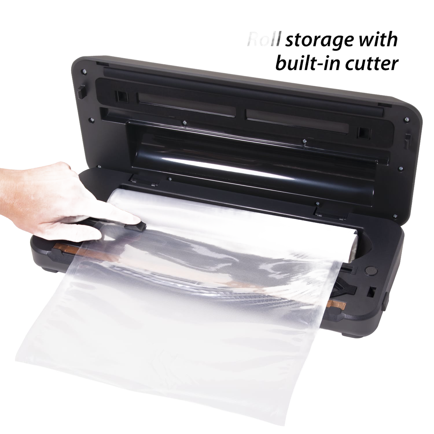 Black vacuum sealer with built-in bag cutter and roll storage bay, perfect for preserving food freshness and included in Kitchen & Food, Food Preservation, Freezing, Best Sellers, and Promo Eligible collections.
